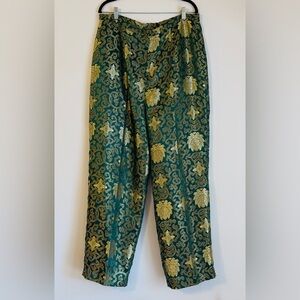Ashro Green & Gold Floral Asian Patterned Pants Oriental Vintage